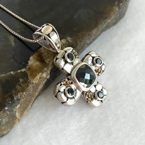 Sterling Silver 925 Black Tourmaline Glass Cross Pendant Necklace 18" Box Chain - Picture 5 of 16